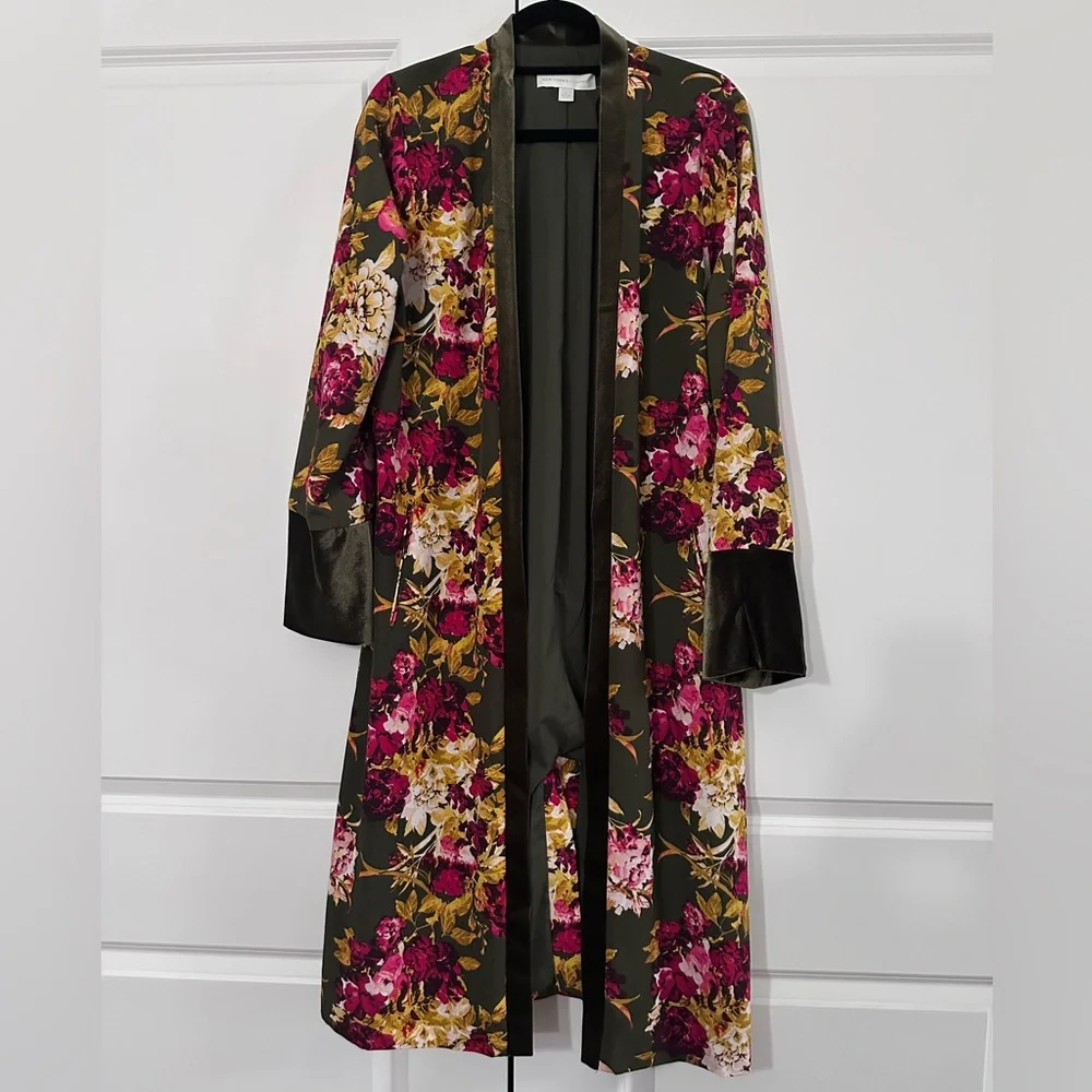 New York & Company Olive & Floral Long (45”) Kimono, size M, worn once - Picture 1 of 11